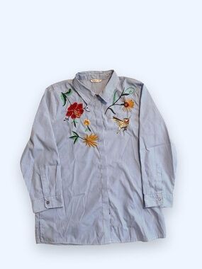 ONLY Blue & White Striped Button-Down Shirt with Floral Embroidery